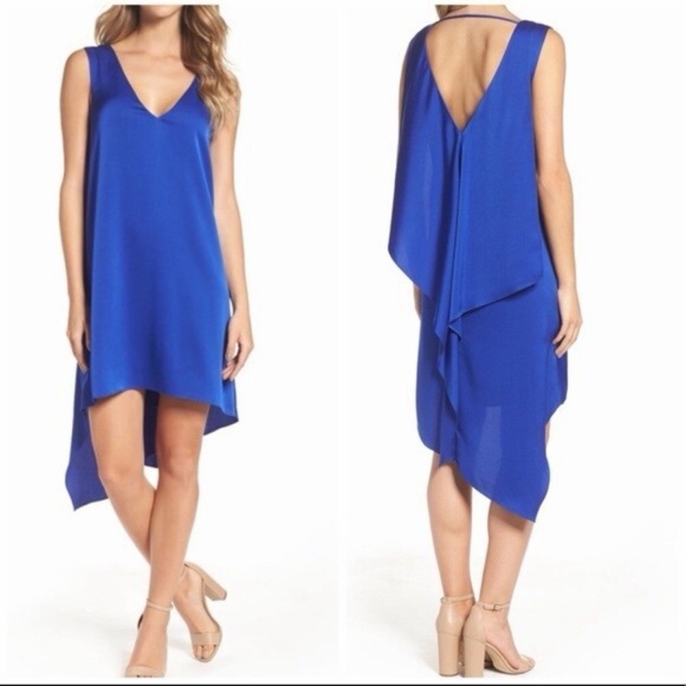 BCBGMaxAzria Royal Blue High-Low Cascade V-Neck Dress